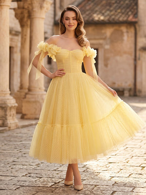 Tulle A Line Strapless Off Shoulder Tea Cocktail Dresses with 3D Flower