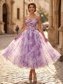 Floral Print A Line Sweetheart Tea Length Cocktail Dresses with Straps