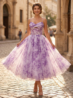 Floral Print A Line Sweetheart Tea Length Cocktail Dresses with Straps