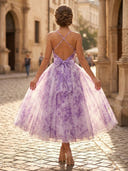 Floral Print A Line Sweetheart Tea Length Cocktail Dresses with Straps