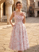 Floral Lace A Line Spaghetti Straps Mid Cocktail Dresses with Belt
