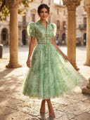 Print Flower A Line Tea Length Puffy Sleeves Cocktail Dresses