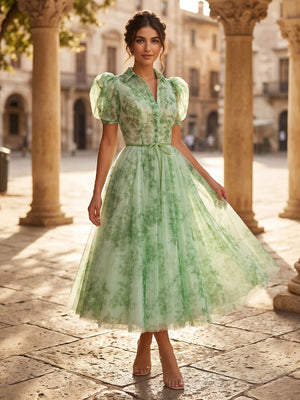Print Flower A Line Tea Length Puffy Sleeves Cocktail Dresses