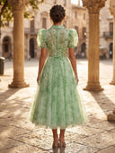 Print Flower A Line Tea Length Puffy Sleeves Cocktail Dresses