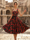 Floral Print A Line Sweetheart Tea Length Cocktail Dresses with Bows