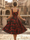 Floral Print A Line Sweetheart Tea Length Cocktail Dresses with Bows