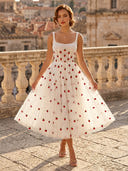 Strawberry Embroidered Tulle Square Neck Sleeveless A Line Mid Cocktail Dresses