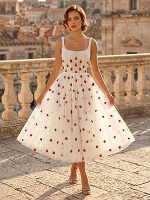Strawberry Embroidered Tulle Square Neck Sleeveless A Line Mid Cocktail Dresses