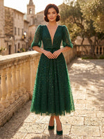Beaded Tulle A Line Deep V Neck Puff Sleeve Tea Cocktail Dresses