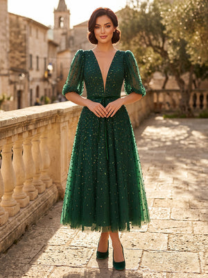 Beaded Tulle A Line Deep V Neck Puff Sleeve Tea Cocktail Dresses