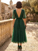 Beaded Tulle A Line Deep V Neck Puff Sleeve Tea Cocktail Dresses