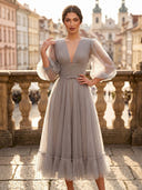 Sparkly Tulle A Line Deep V Neck Puff Sleeve Tea Cocktail Dresses