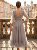 Sparkly Tulle A Line Deep V Neck Puff Sleeve Tea Cocktail Dresses