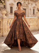 Floral Jacquard A Line High Low Off Shoulder Long Cocktail Dresses with Train