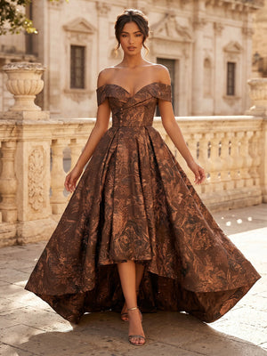 Floral Jacquard A Line High Low Off Shoulder Long Cocktail Dresses with Train