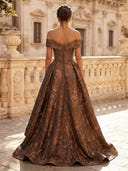 Floral Jacquard A Line High Low Off Shoulder Long Cocktail Dresses with Train