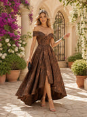 Floral Jacquard A Line High Low Off Shoulder Long Cocktail Dresses with Train