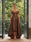 Floral Jacquard A Line High Low Off Shoulder Long Cocktail Dresses with Train