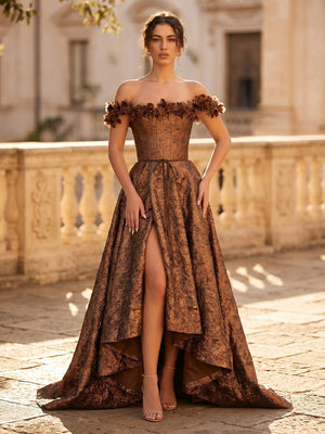 Women's Bronze Metallic Jacquard Off Shoulder A Line Long Cocktail Dresses