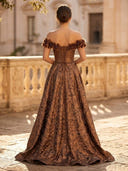 Women's Bronze Metallic Jacquard Off Shoulder A Line Long Cocktail Dresses