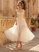 Flower Embroidered Tulle A Line Square Neck Tea Cocktail Dresses
