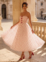 Red Polka Dot Strapless Tulle Sweetheart A Line Midi Cocktail Dresses