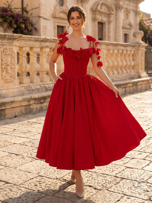 3D Floral Applique Corset Midi A Line Off Shoulder Cocktail Dresses