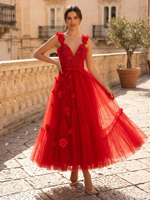 Red Sparkly Tulle Midi V Neck Spaghetti Straps A Line Cocktail Dresses
