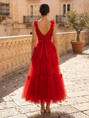 Red Sparkly Tulle Midi V Neck Spaghetti Straps A Line Cocktail Dresses