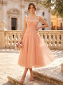 Flower Tulle Square Neck A Line Corset Midi Cocktail Dresses