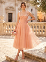Flower Tulle Square Neck A Line Corset Midi Cocktail Dresses