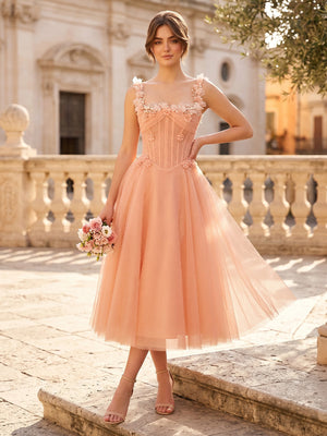 Flower Tulle Square Neck A Line Corset Midi Cocktail Dresses