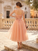 Flower Tulle Square Neck A Line Corset Midi Cocktail Dresses
