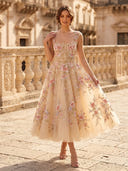 Floral Embroidered Tulle Midi A Line Square Neck Sleeveless Cocktail Dresses