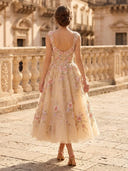 Floral Embroidered Tulle Midi A Line Square Neck Sleeveless Cocktail Dresses