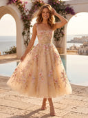 Floral Embroidered Tulle Midi A Line Square Neck Sleeveless Cocktail Dresses
