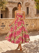 Floral Print  Midi Cowl Neck Spaghetti Straps A Line Cocktail Dresses