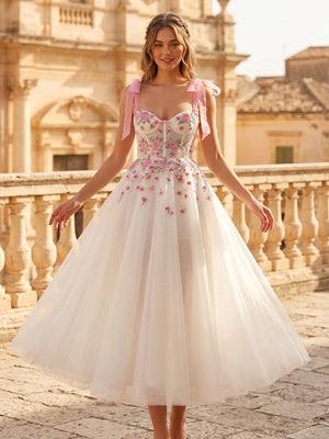Flower Tulle Midi Sweetheart A Line Tea Cocktail Dresses with Bow Straps