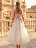 Flower Tulle Midi Sweetheart A Line Tea Cocktail Dresses with Bow Straps