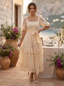Flower Tulle Square Neck A Line Tiered Puffy Sleeves Midi Cocktail Dresses