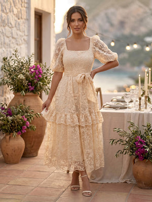 Flower Tulle Square Neck A Line Tiered Puffy Sleeves Midi Cocktail Dresses
