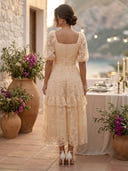 Flower Tulle Square Neck A Line Tiered Puffy Sleeves Midi Cocktail Dresses