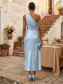 Satin One Shoulder Mermaid Long Sleeveless Cocktail Dresses with Ruched