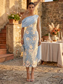 Floral Lace Midi One Shoulder Mermaid Cocktail Dresses with Pleated