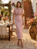 High Neck Ruffle Sleeve Chiffon Bodice Ruched Tea Cocktail Dresses
