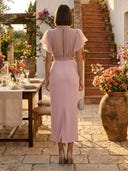 High Neck Ruffle Sleeve Chiffon Bodice Ruched Tea Cocktail Dresses