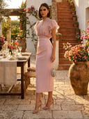 High Neck Ruffle Sleeve Chiffon Bodice Ruched Tea Cocktail Dresses