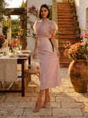 High Neck Ruffle Sleeve Chiffon Bodice Ruched Tea Cocktail Dresses
