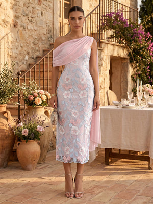 Tulle One Shoulder Mermaid Tea Length Cocktail Dresses with Pleated