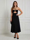 Satin A Line Halter Maxi Cocktail Dresses with Cut Out